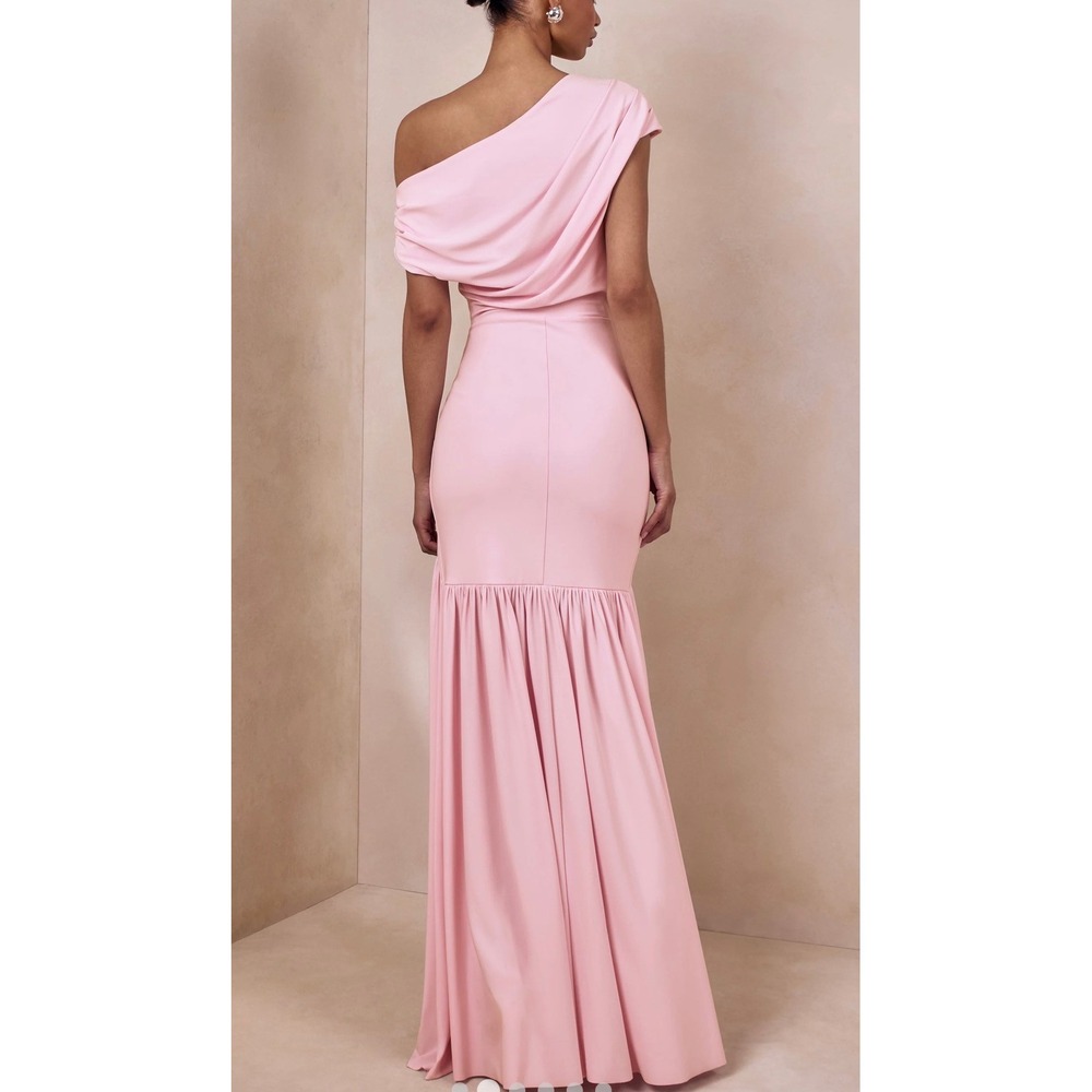 Club L London Kady Pink Asymmetric Cowl Neck Ruched Maxi Dress US 12 NEW